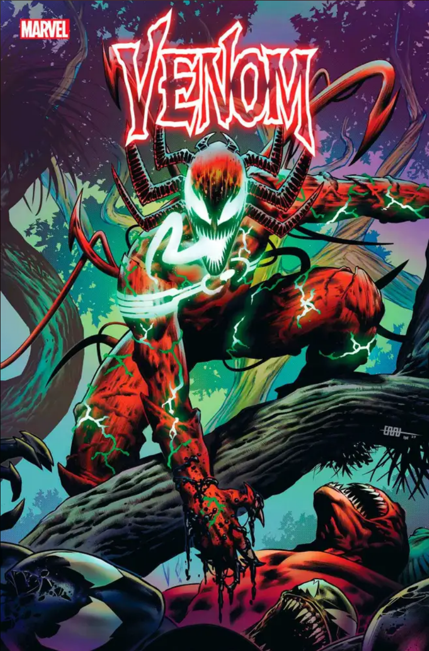 The cover for VENOM #32, by CAFU, showing Carnage wreaking havoc in the Garden Of Time.