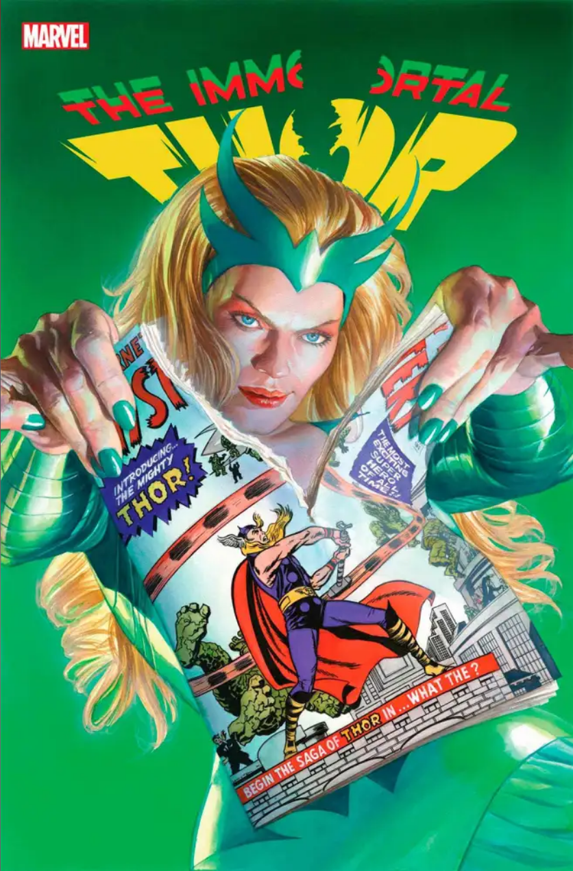 The cover for IMMORTAL THOR #9 by Alex Ross, showing the Enchantress tearing up the first Marvel THOR comics, JOURNEY INTO MYSTERY #83. 