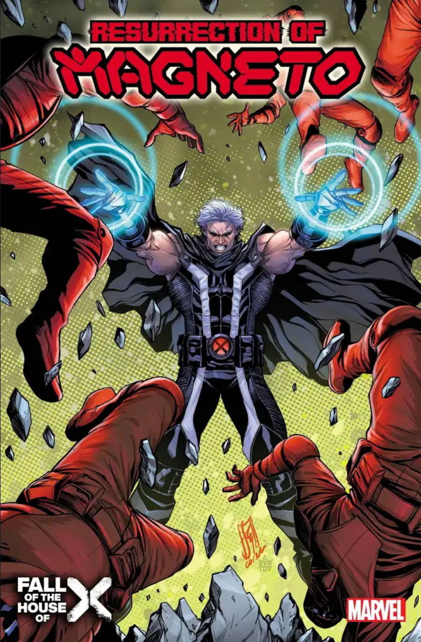 The cover for RESURRECTION OF MAGNETO #4 by Stefano Caselli, showing Magneto in battle with Orchis troops.