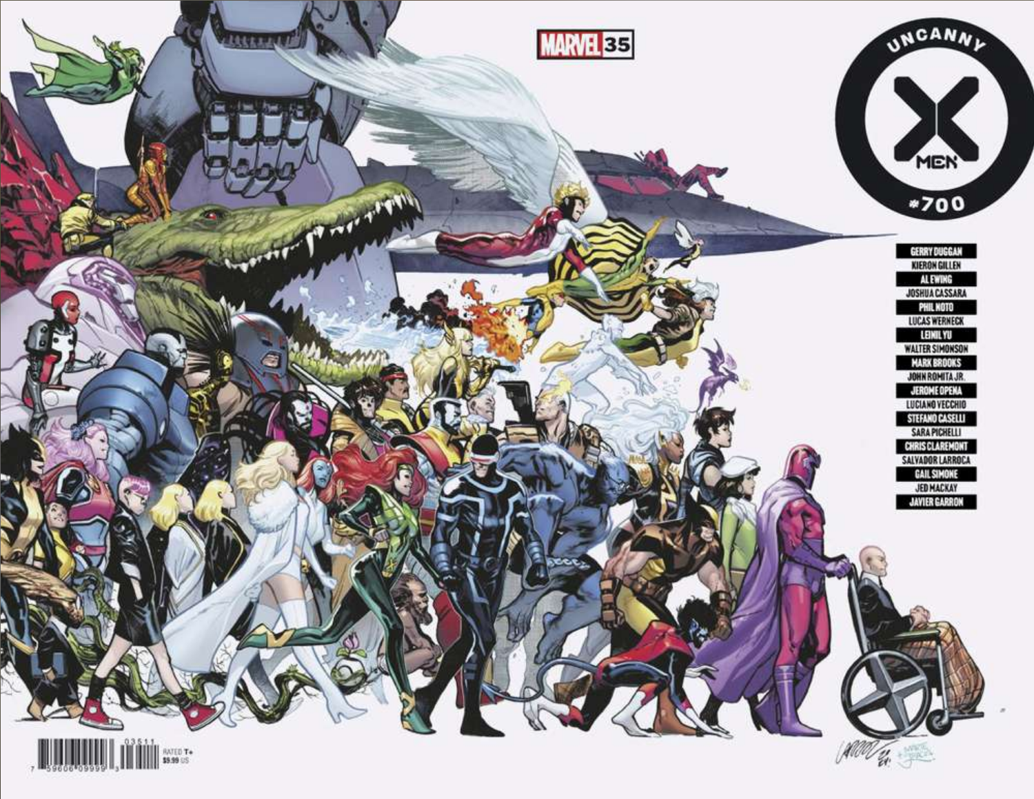 The wraparound cover to X-MEN #35 (Legacy issue #700) by Pepe Larraz, showing a cavalcade of X-characters marching across the page.