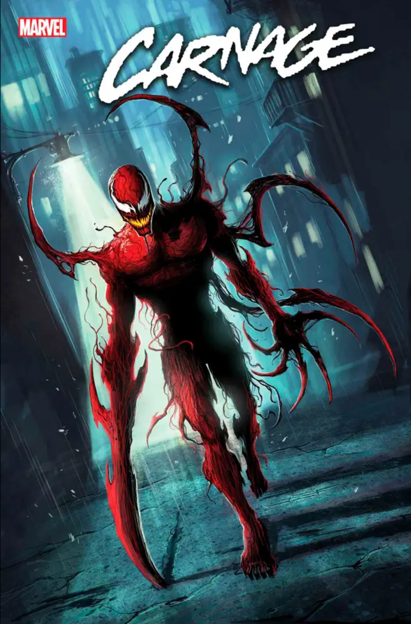 The cover for CARNAGE #8, by Juan Ferreyra, showing Carnage advancing on the reader down an alley.