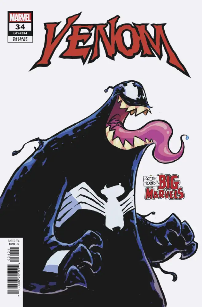 The "Big Marvels" variant cover for VENOM #34, by SKOTTIE YOUNG, showing a big, bouncy, cartoon Venom in Skottie's signature style.