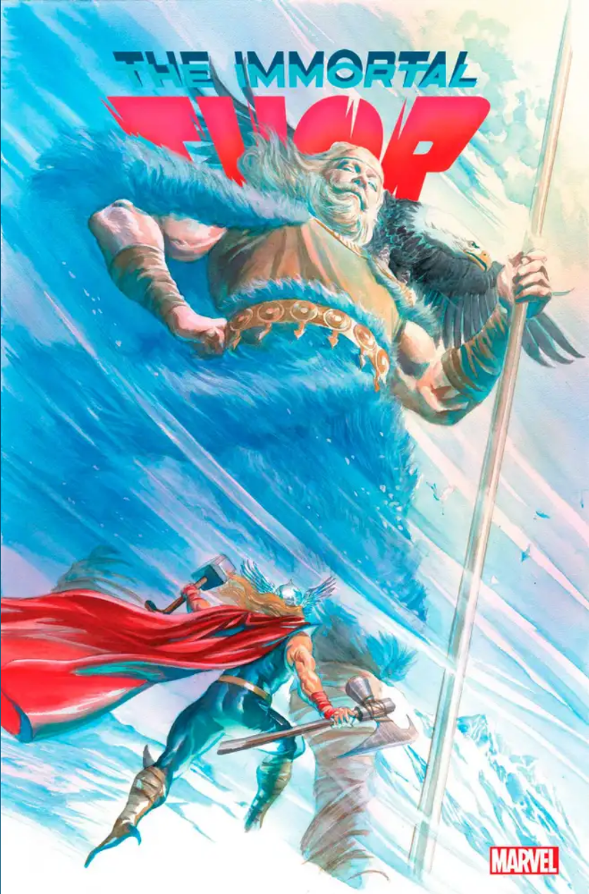 The cover for IMMORTAL THOR #12, by ALEX ROSS, showing Thor confronting his great-grandfather Buri.