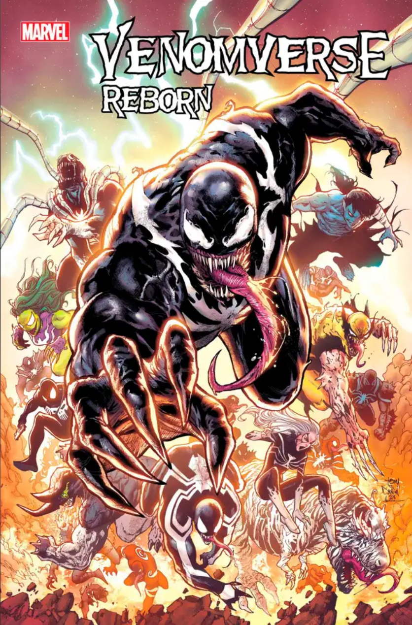 The cover for VENOMVERSE REBORN #1 by TONY DANIEL, showing a plethora of alternate Venoms leaping out at the reader.