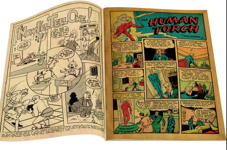 Marvel Comics #1, opened against a white background showing the first page of the Human Torch story and a smattering of one-panel gags on the inside front cover.