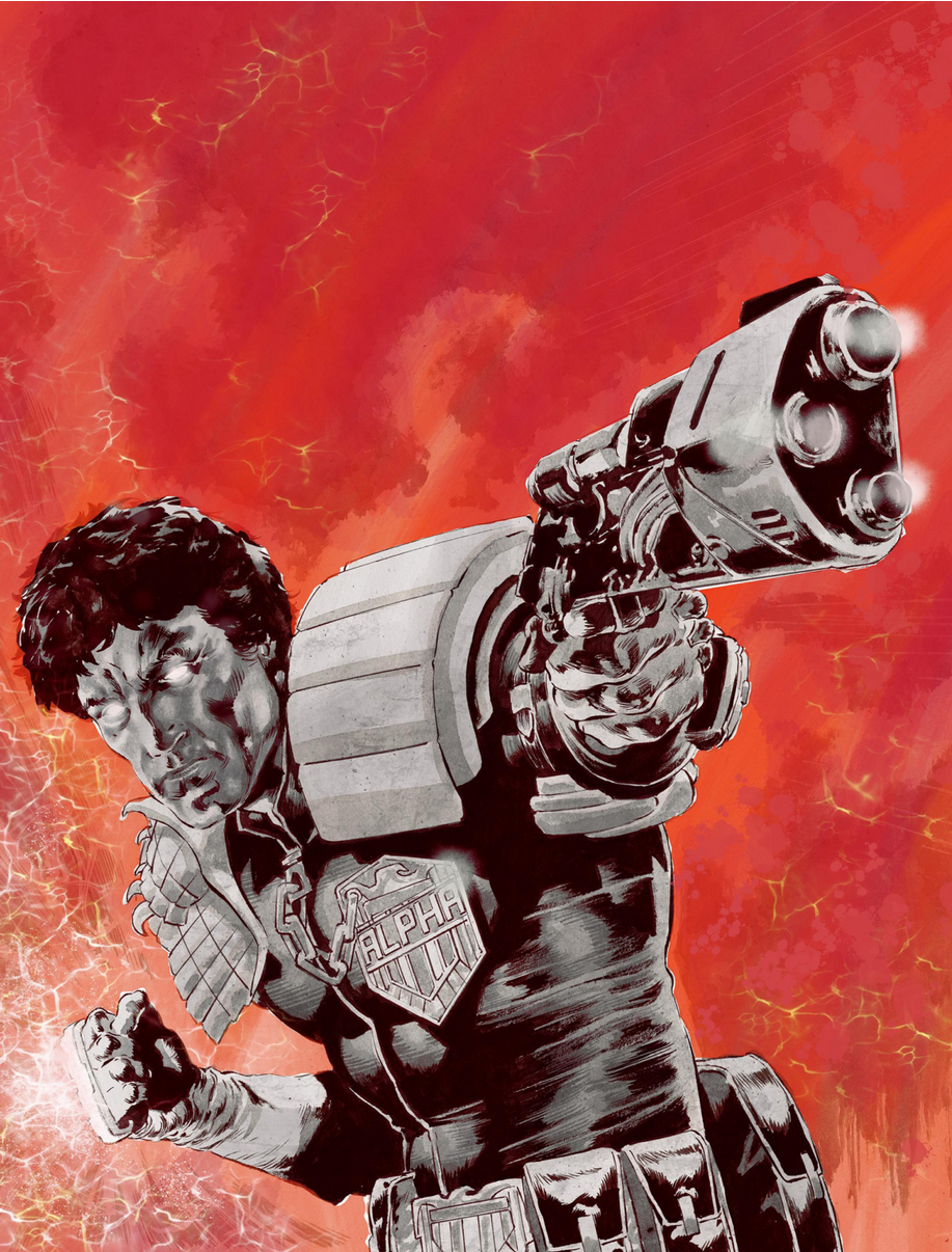 The cover for the 2000AD SCI-FI SPECIAL 2024, by Mike Perkins, showing a mash-up of Judge Dredd and Johnny Alpha.