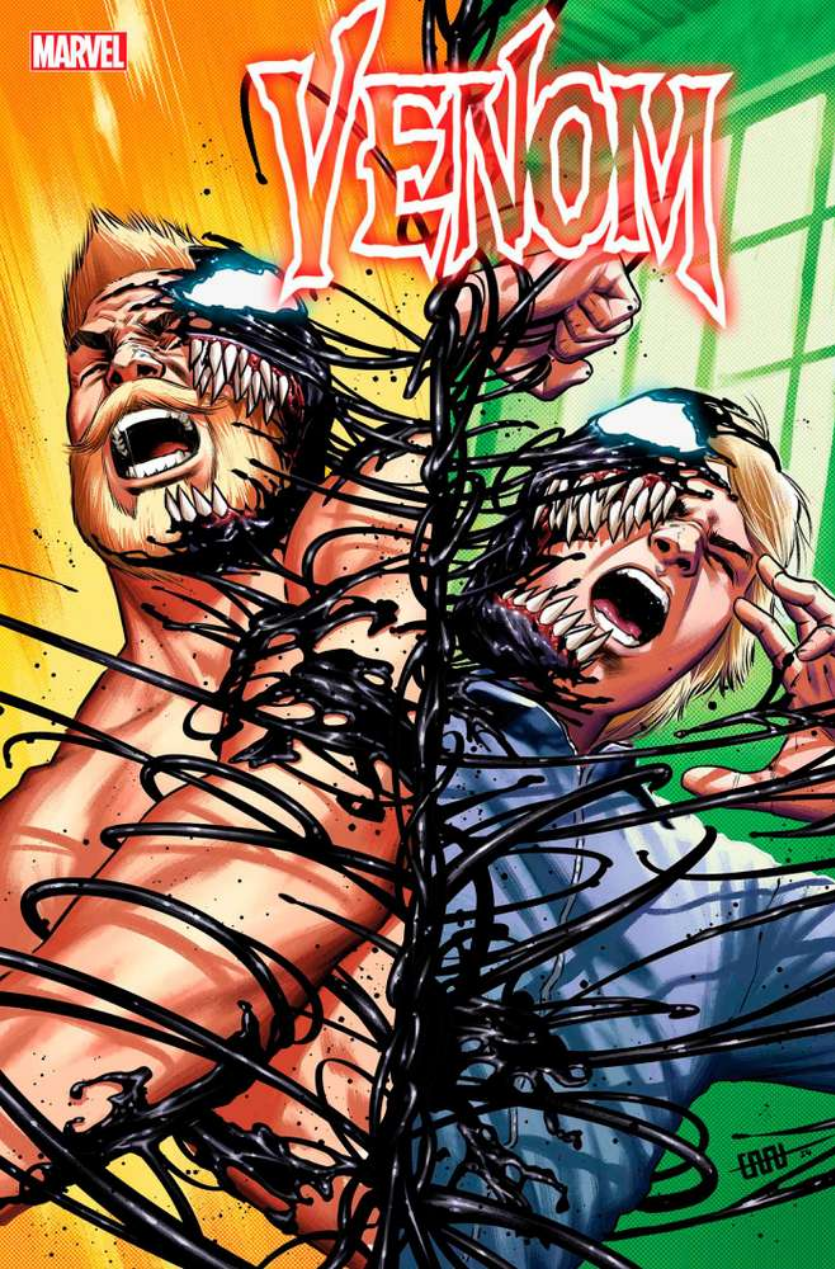 The cover for VENOM #35, by CAFU, showing the Venom symbiote split between Eddie Brock and Dylan Brock.