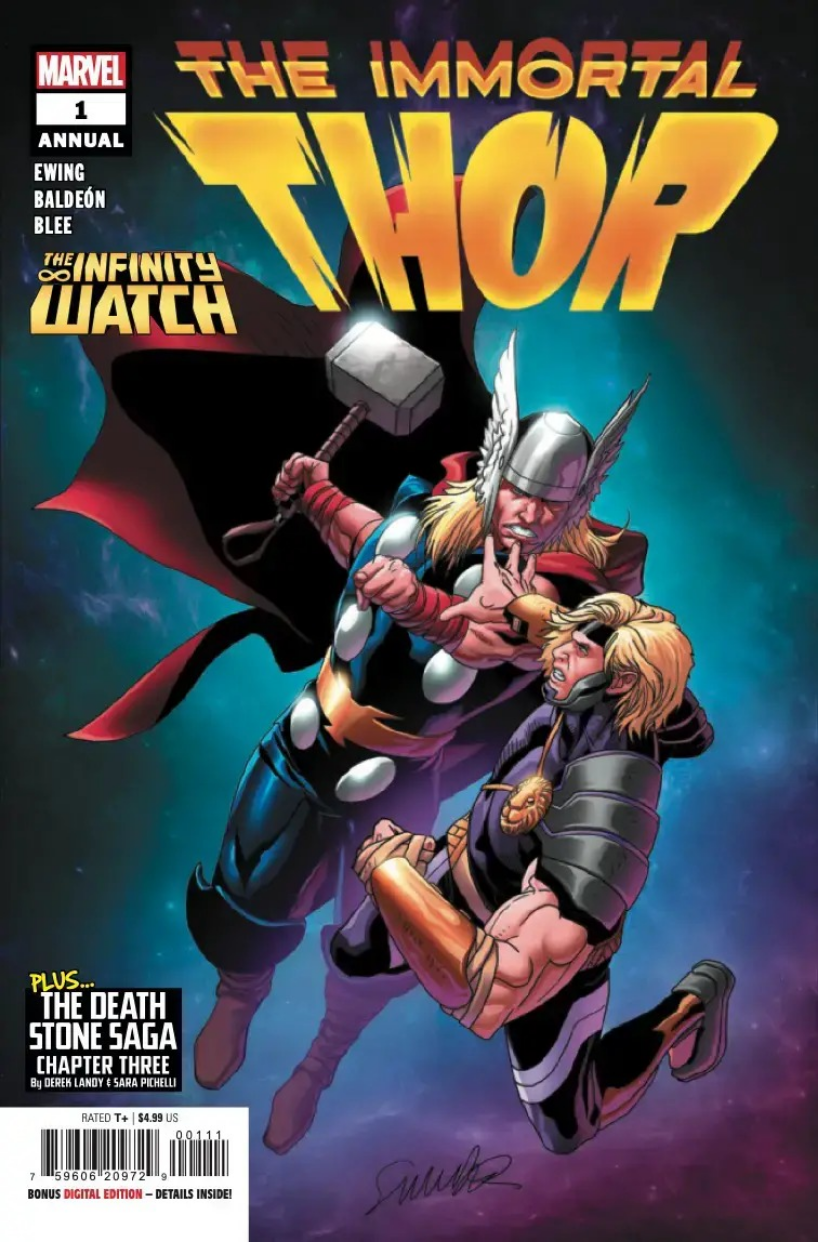 The cover to IMMORTAL THOR ANNUAL #1, by Salvador Larocca, showing Thor and the Prince of Power having a fight.