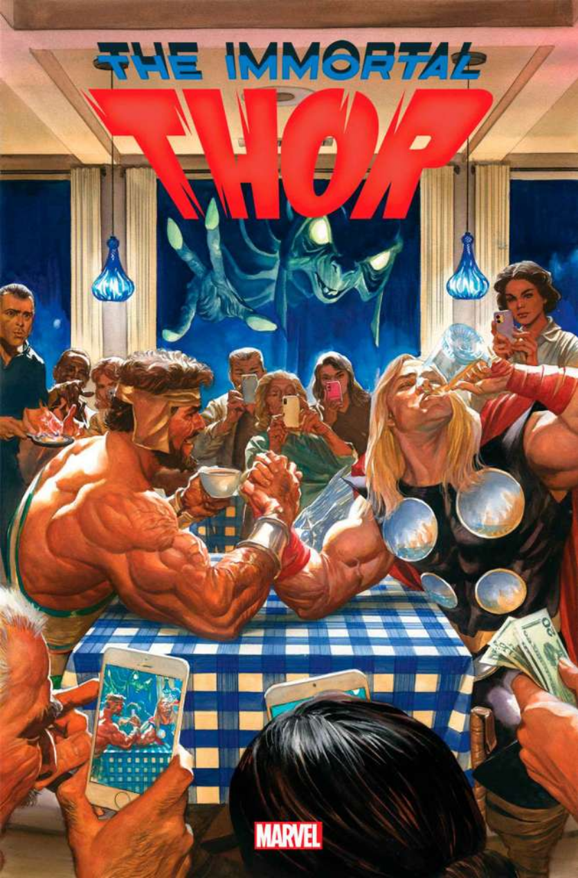 The cover for IMMORTAL THOR #13, by Alex Ross, showing Hercules and Thor at a table in a Greek Taverna, about to arm wrestle. Herc is smiling and drinking coffee, Thor is finishing a big stein of beer, the clientele are placing bets and recording it on their phones - and in the background, one of Nyx's children lurks in the night outside.