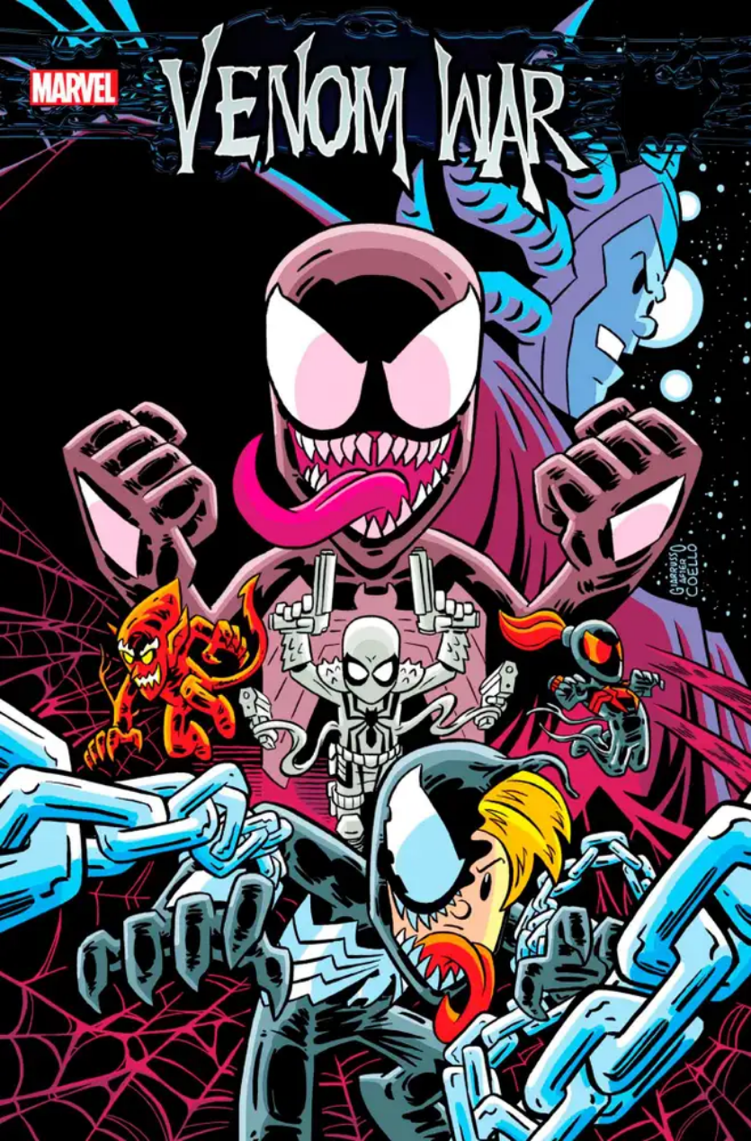 The variant cover for VENOM WAR #1 by Chris Giarrusso, recreating Iban Coello's original in his own more classic-cartoon style. The cover shows some of the various symbiotes of the Venom universe posing for the camera, including Eddie Brock, Dylan Brock, Red Goblin, Anti-Venom, the new Venomous Black Widow, and Eddie's evil future self Meridius.