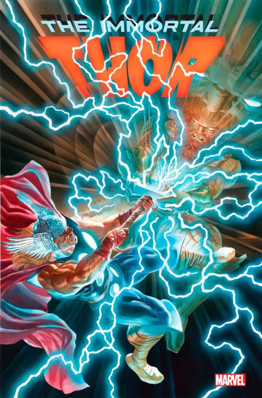 The cover of IMMORTAL THOR #14, by Alex Ross, showing Thor and Zeus locked in combat in a world without stars, so all light is coming from their clash.