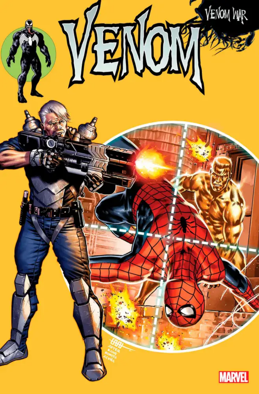 The cover for VENOM 36 by CAFU, showing Old Man Dylan firing his gun at Spidey and Molten Man, in the style of the Punisher's first appearance cover.