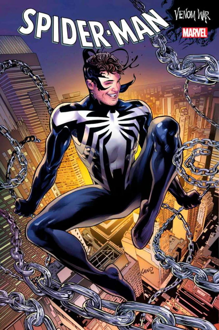 The cover for VENOM WAR: SPIDER-MAN #1 by Greg Land, showing a maskless Spidey high above the city swinging via long lengths of chain.