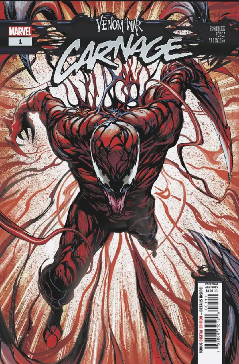 The cover for VENOM WAR: CARNAGE #1, by Geoffrey Shaw, showing Carnage charging at the reader, goo flying everywhere.