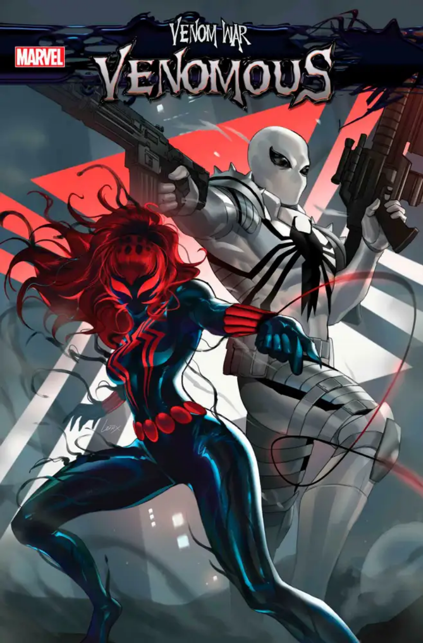 The cover for VENOM WAR: VENOMOUS #1, by Lesley "Leirix" Li, showing Black Widow (in her new symbiote suit) and Agent Anti-Venom back to back, ready to kick some butt.