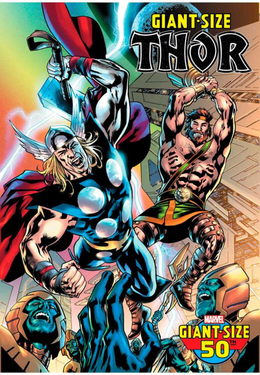 The cover to GIANT-SIZE THOR #1, by Bryan Hitch, showing Thor and Hercules descending on some evil blue aliens ready to rough them up.