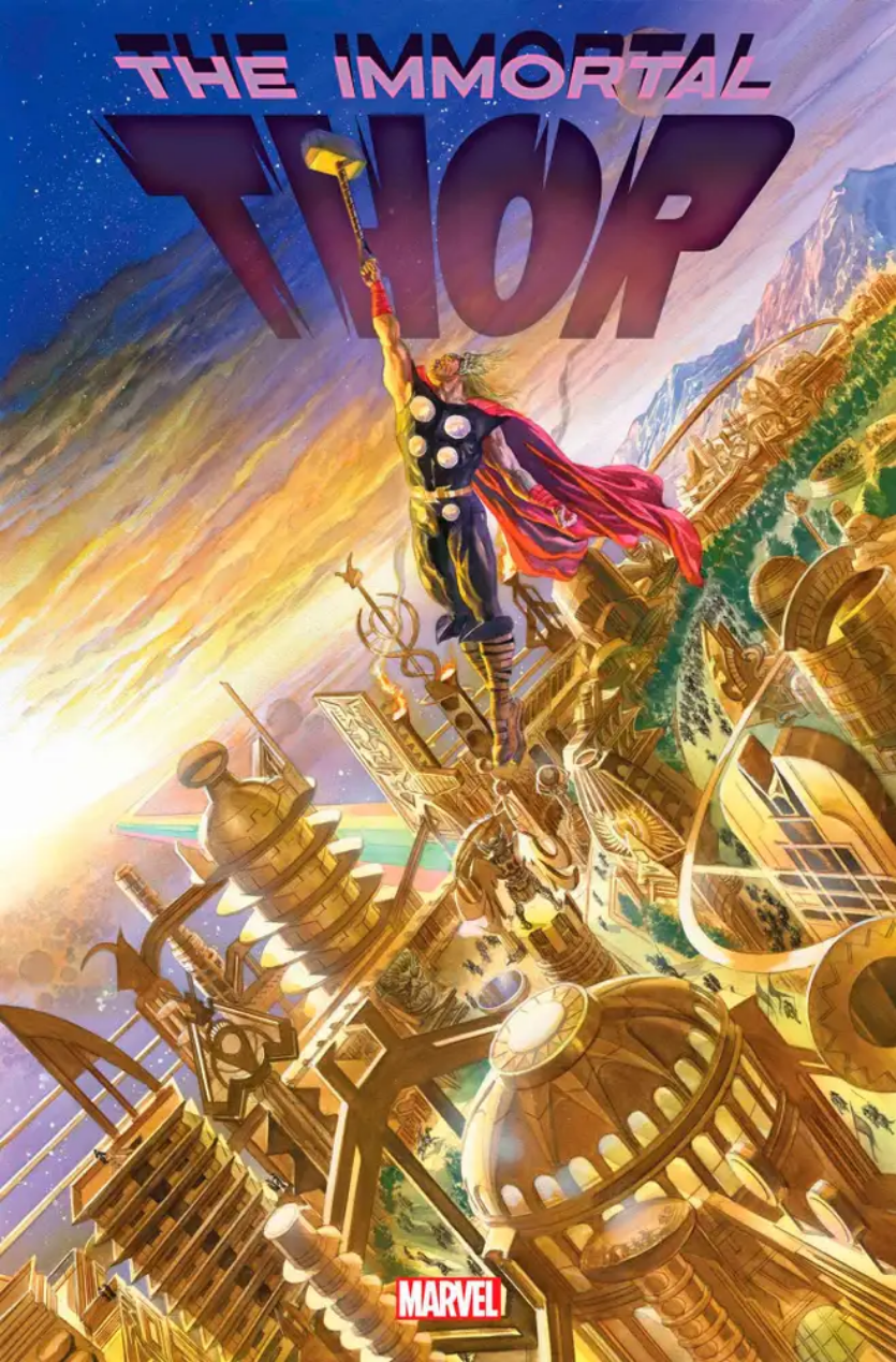 The cover to IMMORTAL THOR #15, by Alex Ross, showing Thor flying in the skies of Asgard, the rainbow bridge stretching off into the background. Asgard is properly Kirbyesque, and seemingly made entirely of gold bar a few lush treescapes. The sun sets majestically in the background.