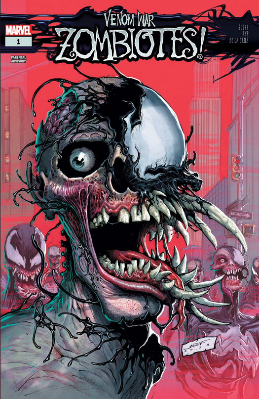 The cover for VENOM WAR: ZOMBIOTES #1, by Juan Ferreyra, showing a very horrible corpse zombiote leering at the reader.