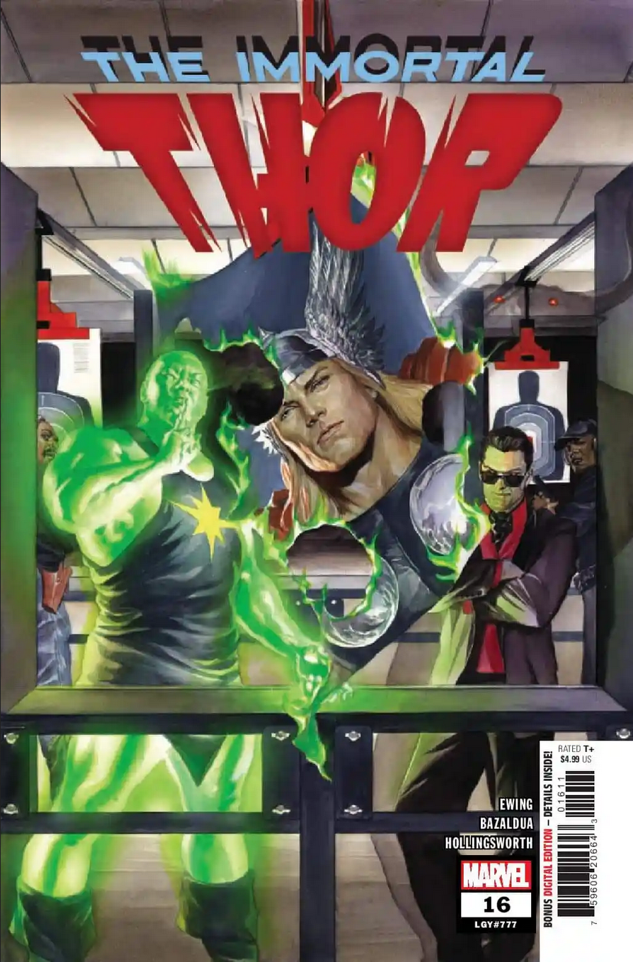 The cover for IMMORTAL THOR #16 by Alex Ross, showing Radioactive Man and Dario Agger in a shooting gallery. Radioactive Man has just blasted glowing holes in a photo of Thor, and is now theatrically blowing at his fingers as if blowing the smoke from a just-fired gun.