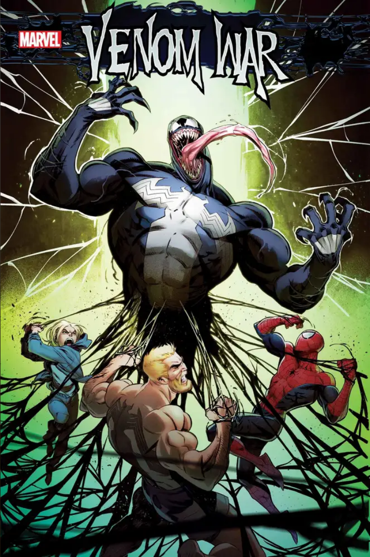 The cover for VENOM WAR #3 by Iban Coello, showing Dylan Brock, Eddie Brock and Spider-Man all enmeshed in a half-melting Venom.