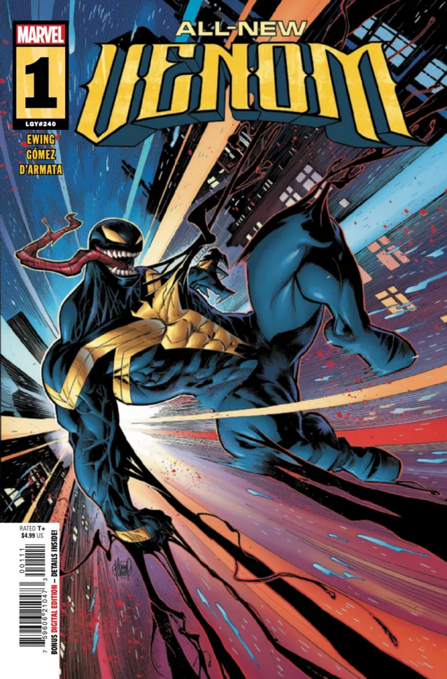 The cover to ALL-NEW VENOM #1, by Adam Kubert and Frank D'Armata, showing the new Venom, with gold eyes and symbol, swinging through the city extending bits of himself.