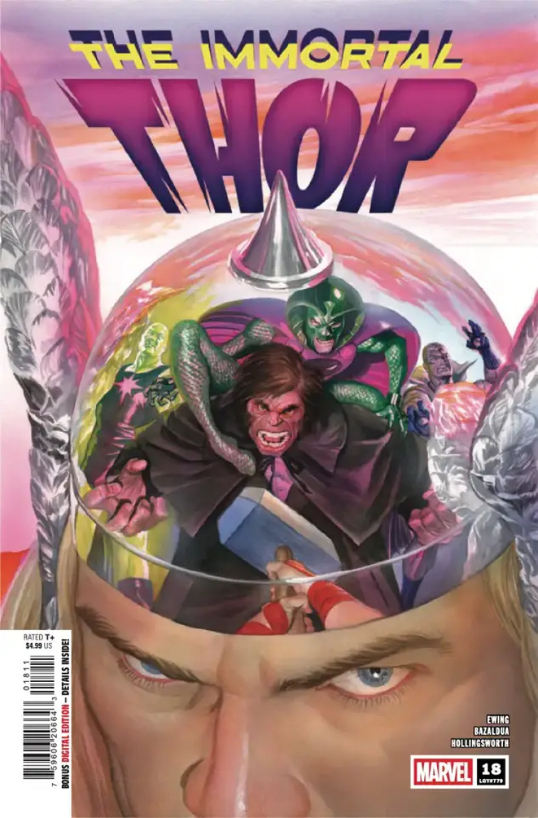 The cover to IMMORTAL THOR #18 by Alex Ross, showing the villains Mr Hyde, Cobra, Radioactive Man and Grey Gargoyle all reflected in Thor's helmet. Below the brim of the helmet, Thor's eyes look annoyed.