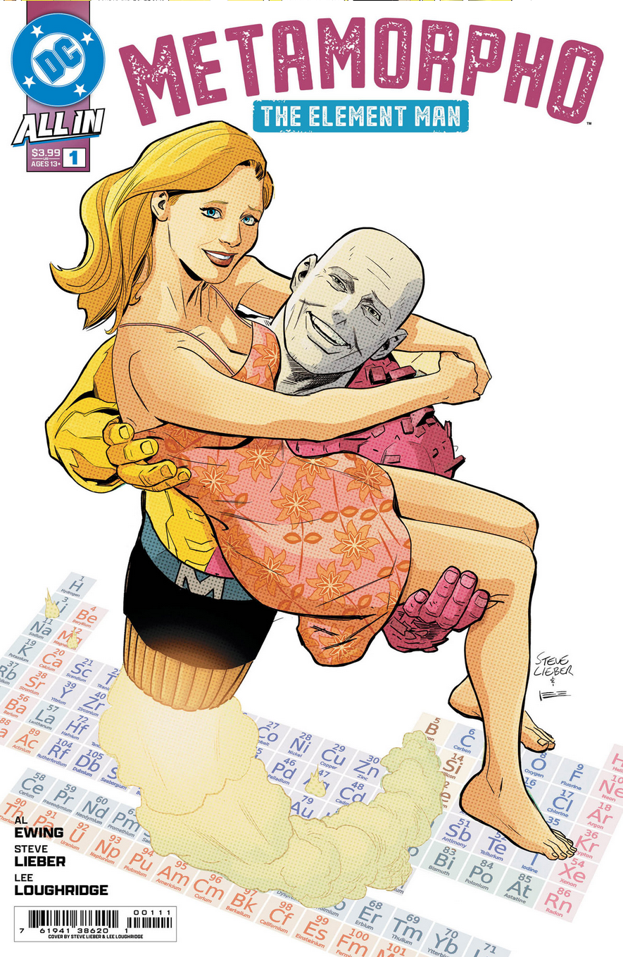 The cover for METAMORPHO: THE ELEMENT MAN #1, showing Metamorpho turning his lower half into a rocket to blast off from a big periodic table on a white background, holding Sapphire in his arms. Art by Steve Lieber and Lee Loughridge.