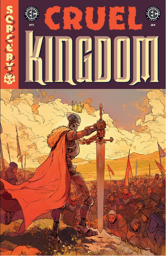 The cover for CRUEL KINGDOM #1, by Adam Pollina, showing a robot king with a big sword ruling over a crowd of peasants.