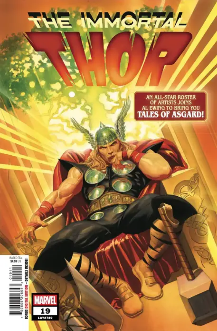 The cover for IMMORTAL THOR #25 by ALEX ROSS, showing a contemplative Thor on his throne, the energies of the World Tree crackling behind him.