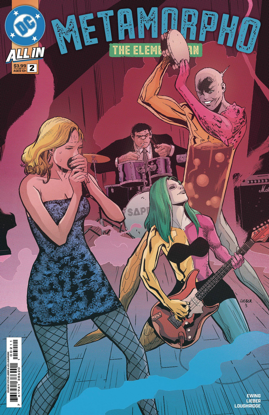 The cover for METAMORPHO: THE ELEMENT MAN #2 by Steve Lieber, showing Metamorpho and his supporting cast on stage as a band having a real swingin' time.