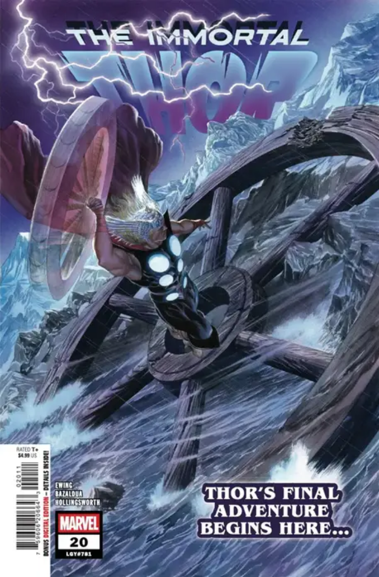 The cover for IMMORTAL THOR #20, by Alex Ross, showing Thor looking down at Toranos' wheel, half-submerged in the oceans of Asgard.