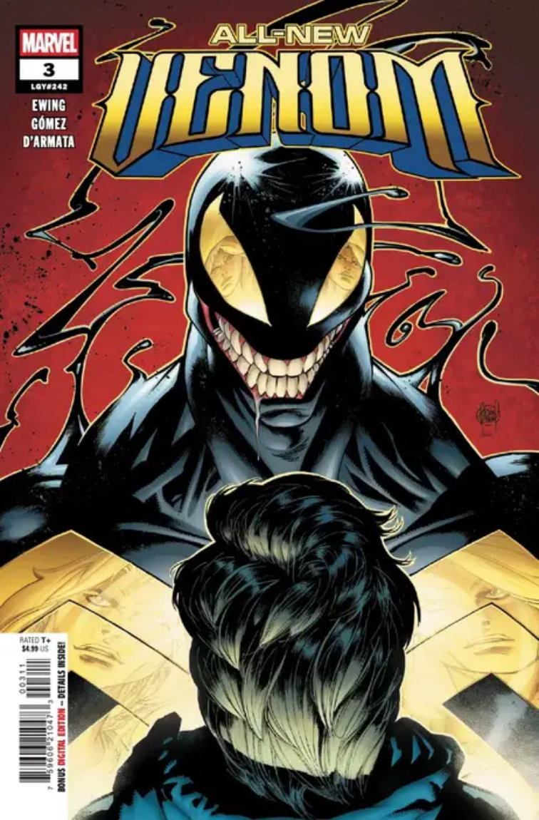 The cover of ALL-NEW VENOM #3, by Adam Kubert, showing Dylan Brock facing down Venom, reflected in Venom's metallic gold chest logo.