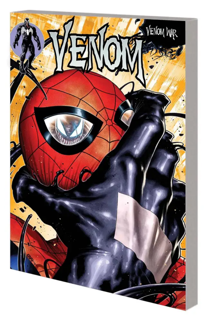 The cover for the VENOM WAR TPB by Cafu, showing Spider-man's face being gripped by Venom's hand, with Venom reflected in Spidey's lenses.