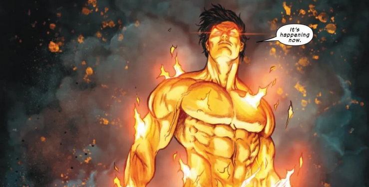 Half of a splash page panel from X-Men Red #9, showing Vulcan's rebirth.