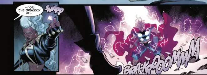 A detail from IMMORTAL THOR #4, showing Storm throwing lightning at Thor.