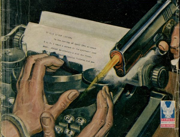 Cover illustration from BLACK MASK magazine, showing a man at a typewrite being shot, very close on the typewriter.